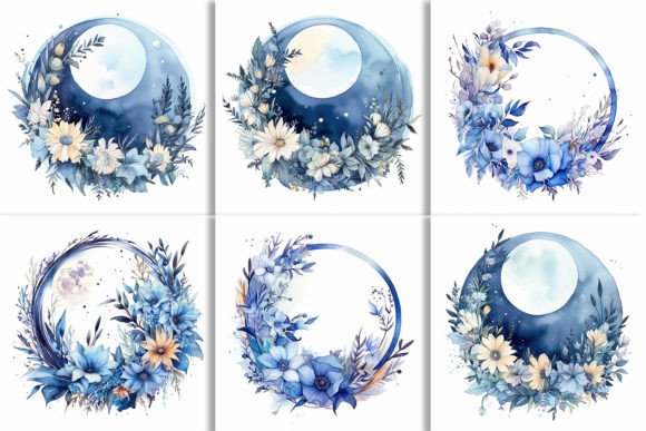 Download Boho Round Floral Frame with Blue Moon - Boho Collection