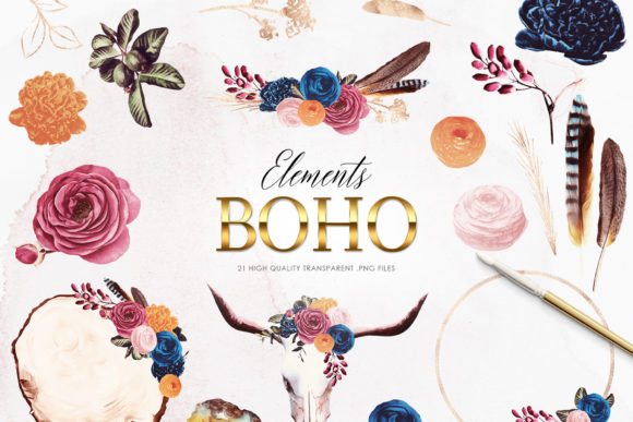 Download Boho Clipart Set, Bohemian Flowers - Boho Collection
