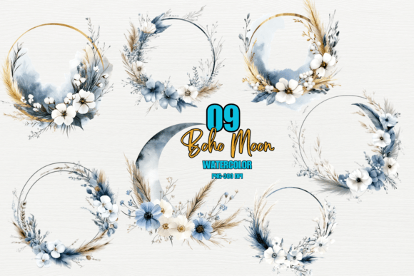 Download Boho Floral Round Frame with Blue Moon - Boho Collection